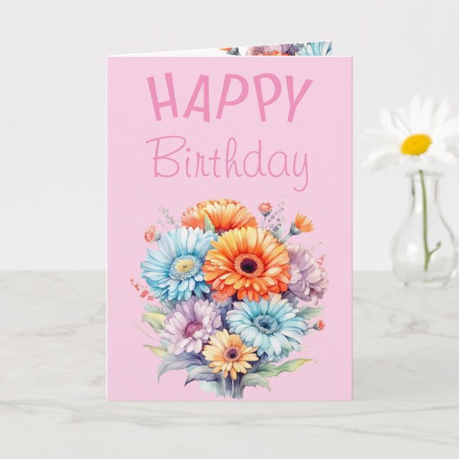 Cartão Flores Gerbera feliz aniversário em branco rosa (Planta pequena)