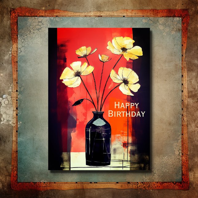 Cartão Flores Modernas bonito e Feliz Aniversário de Vase (Front - Pretty Modern Flowers and Vase Happy Birthday Card)