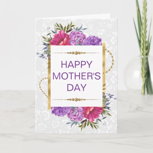 Cartão Flores Rosa Roxo & Brilho Dourado Dia das Mães (Frente)