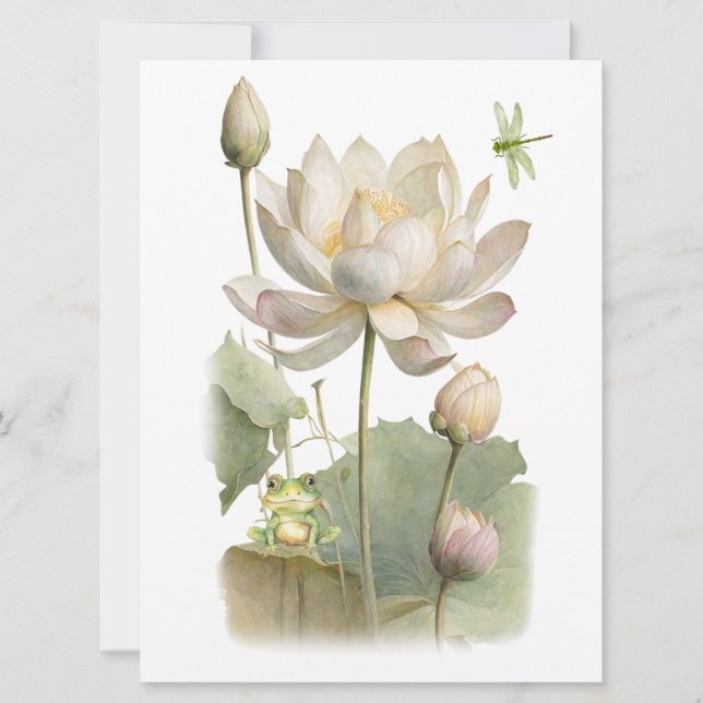 Cartão Flores, Sapos e Dragonfly de Lotus Watercolor (Frente)