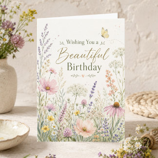 Cartão Flores Selvagens de Prado em Aquarela Aniversário