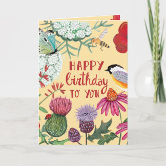 Cartão Flores Silvestres Pássaro Aniversário