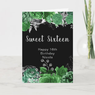 Cartão Flores Verdes e Prata Elegantes Sweet Sixteen