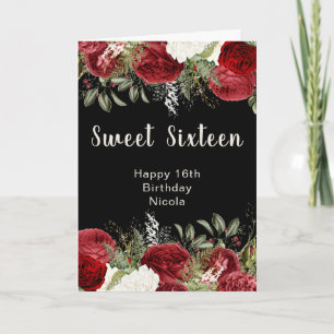 Cartão Flores Vermelhas de Natal Elegantes Sweet Sixteen