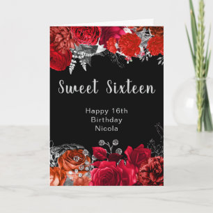 Cartão Flores Vermelhas e Prata Elegantes Sweet Sixteen