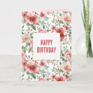 Cartão Flores Vermelhas Rosadas de Aniversário