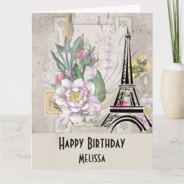 Cartão Flores Vintage, Torre Eiffel e Aniversário em Saca