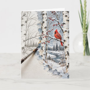Cartão Floresta de Bétula de Natal e Pintura de Cardinal