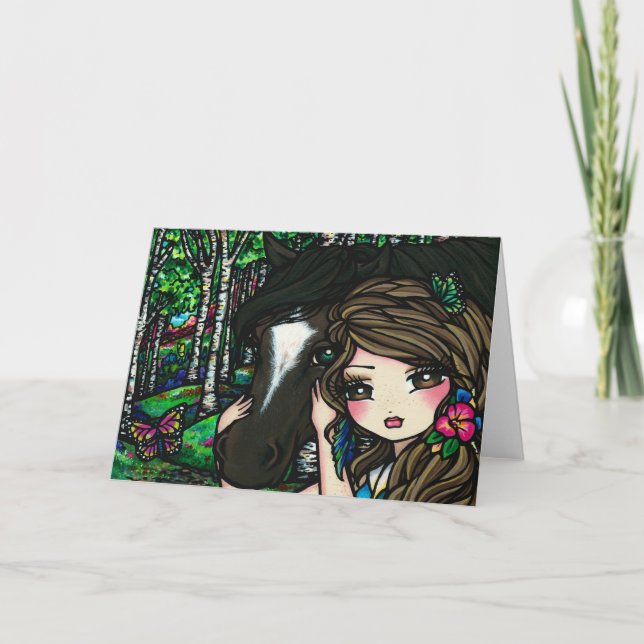 Cartão Floresta de Cavalo Flor Fantasia Fada Rapariga (Frente)