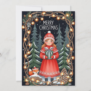 Cartão Floresta Menina Feliz Natal