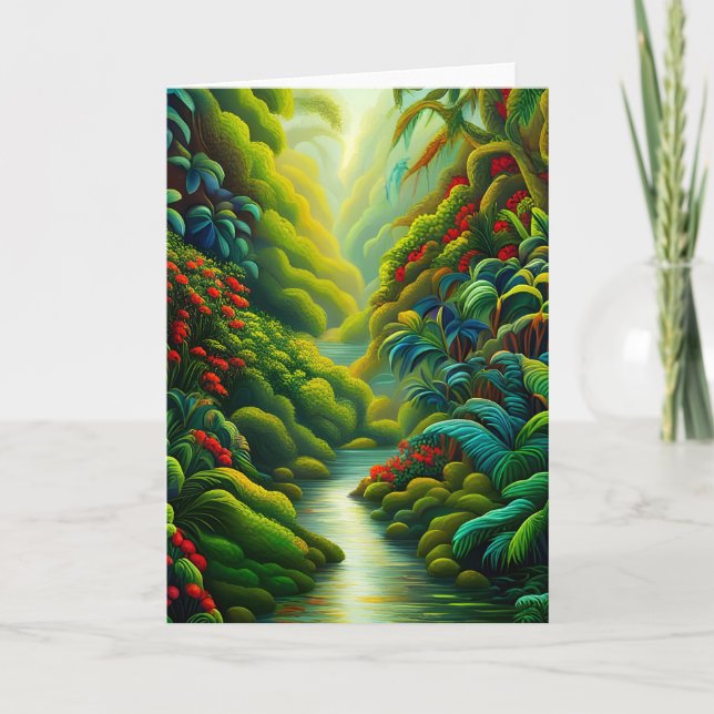 Cartão Floresta Tropical Lush com Flores e Stream (Frente)