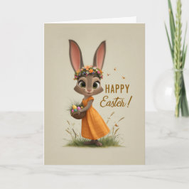 Cartão Flower-Crown Bunny in Orange Dress Easter Card
