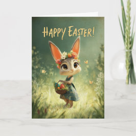 Cartão Flower-Crown Bunny with Easter Basket Meadow Card
