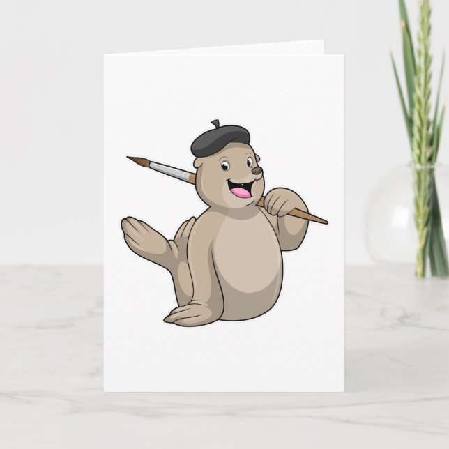 Cartão Foca como Pintor com Pincel de Pintura (Frente)
