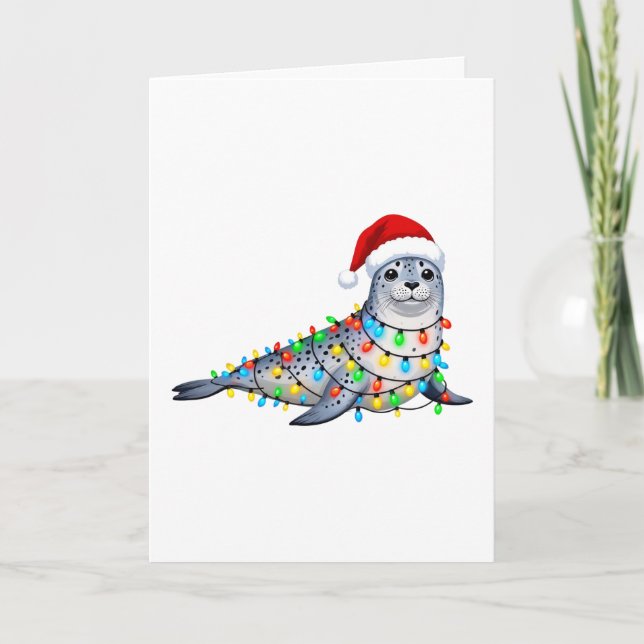 Cartão Foca Festiva Coberta com Luzes de Natal (Frente)
