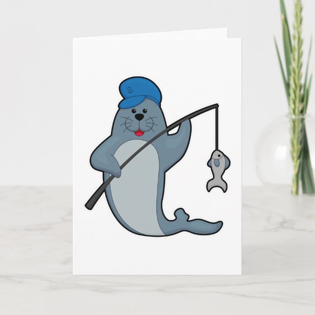 Cartão Foca na pesca com vara de pescar e peixe (Frente)