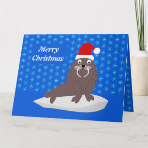 Cartão Foca Natalina Fofa e Flocos de Neve Personalizados