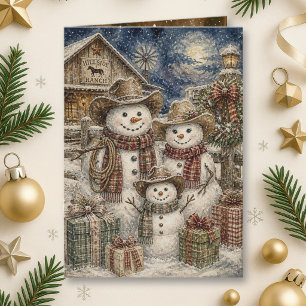 Cartão Fofa Família de Boneco de Neve Country e Western