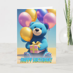 Cartão Fofinho Blue Teddy Bear Party Balões Aniversário
