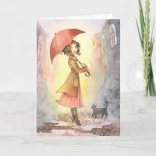 Cartão Foggy Morning - Girl and Cat Greeting Card