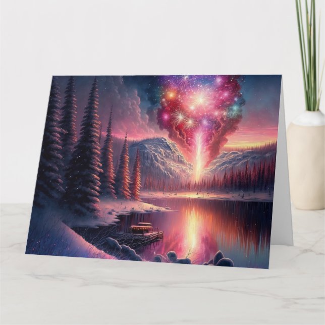 Cartão Fogos de Artifício do Lago de Inverno (Frente)