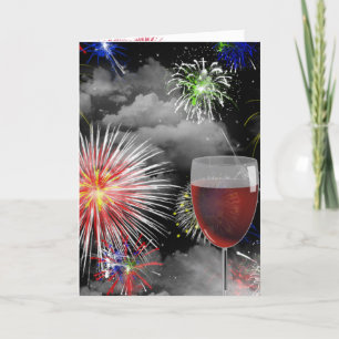 Cartão fogos de artifício e aniversário de vinho