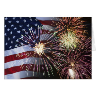 Cartão Fogos-de-artifício e bandeira americana