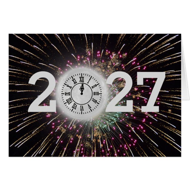 Cartão Fogos de Artifício e Relógio da Lua do Ano Novo 20 (Frente Horizontal)