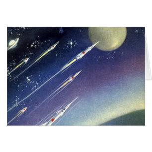 Cartão Foguetes de Ficção Científica Vintage no Espaço po