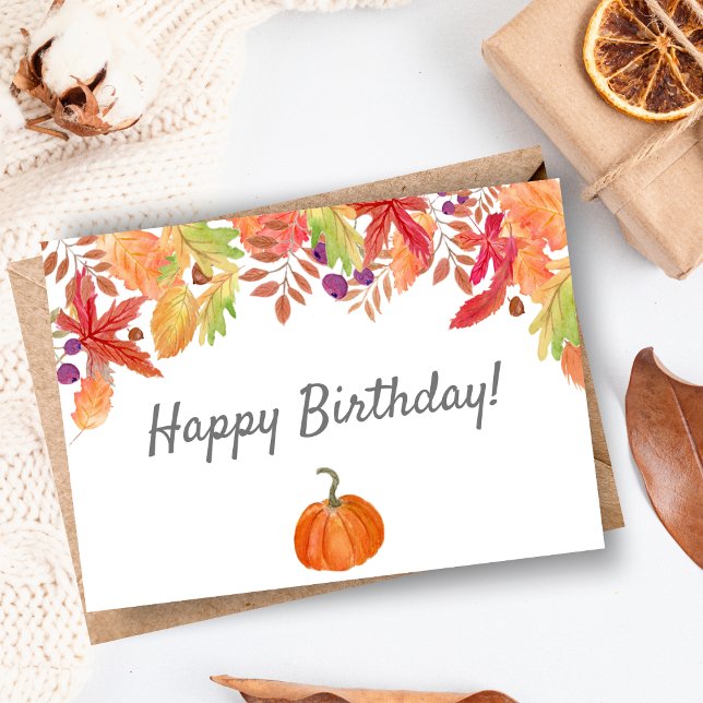 Cartão Folhagem de outono de Aquarela com Abóbora de Aniv (Embrace Autumn's Warmth: Celebrate a Birthday with Artistic Flair!)