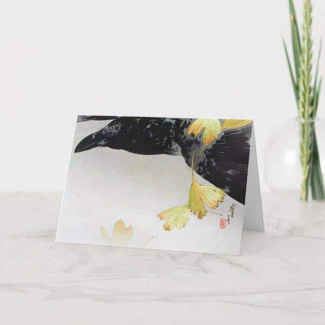 Cartão Folhas de Crow e Ginkgo, Watanabe Seitei (Frente)