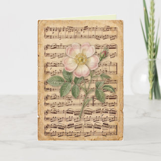 Cartão Folhas de Música Antigas com Arte Floral Delicada