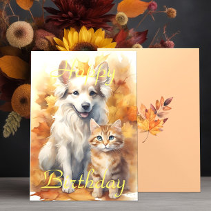Cartão Folhas de Outono Cachorro Collie Branco & Gatinho 