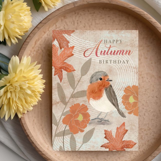 Cartão Folhas de Outono de Aniversário Flores e Pássaro R (Criador carregado)