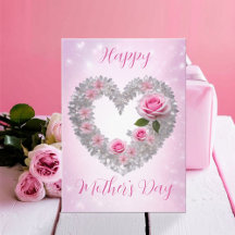 Folhas de Prata Coração Rosa Rosa Feliz Dia das Mã