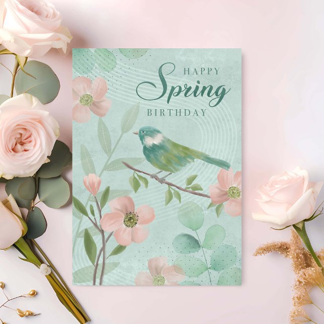Cartão Folhas de Primavera de Aniversário e Flor e Pássar (Criador carregado)