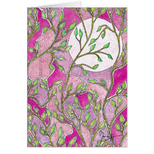 Cartão Folhas e lua - aguarelas cor-de-rosa