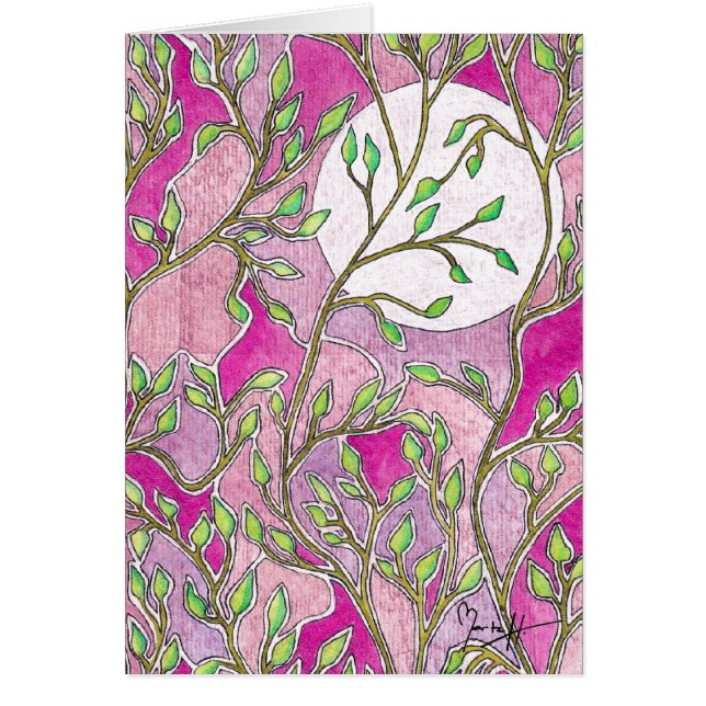 Cartão Folhas e lua - aguarelas cor-de-rosa (Frente)