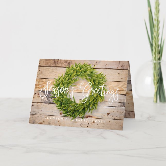 Cartão Foliage Wreath Barn Wood Season Saudações (Frente)