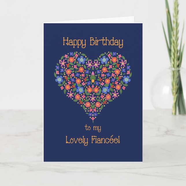 Cartão Folk Art Floral Heart Birthday Card for Fiancee (Frente)
