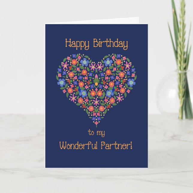 Cartão Folk Art Floral Heart Birthday Card para Parceiro (Frente)