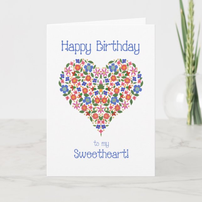 Cartão Folk Art Floral Heart Birthday Card para Sweethear (Frente)