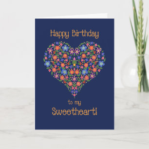 Cartão Folk Art Floral Heart Birthday Card para Sweethear