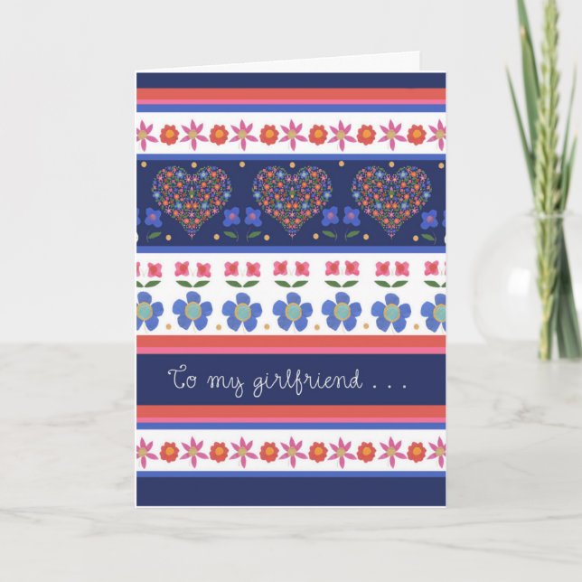 Cartão Folk Art Floral Hearts Birthday Card, Namorada (Frente)