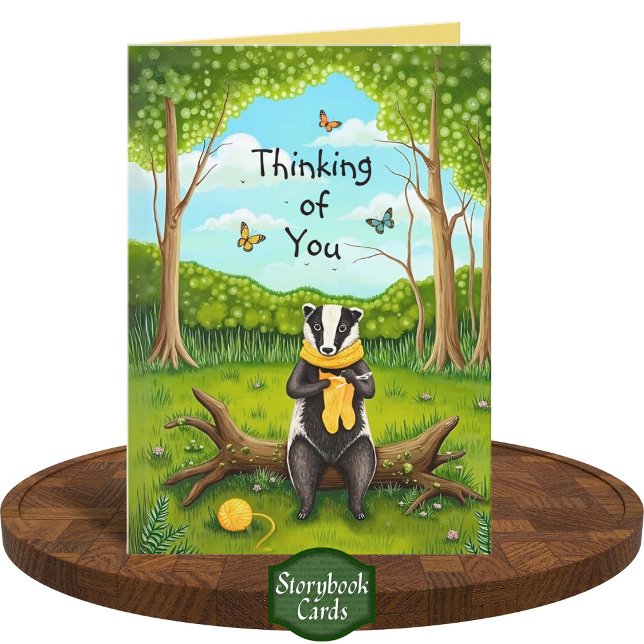 Cartão Folksy Forest Badger Crochet Sock Pensando em você (Criador carregado)