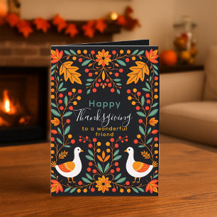 Cartão Folksy Geese e Autumn Saem Ação de Graças