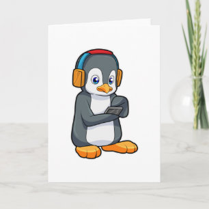 Cartão Fone de ouvido para música pinguim