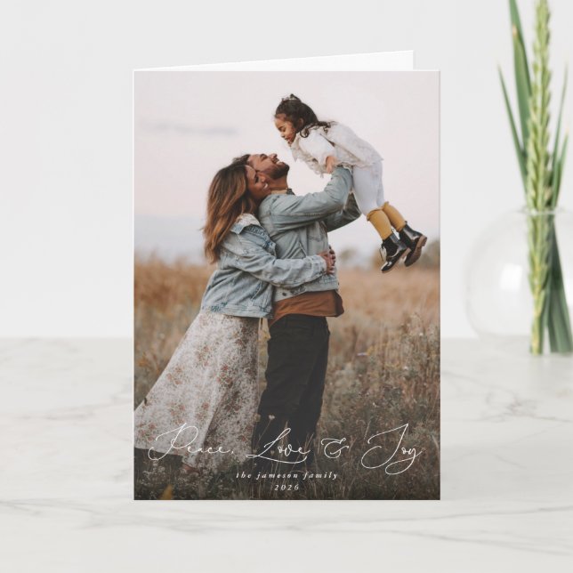 Cartão Fonte Elegant Script Paz Amor+Alegría Foto Natal (Frente)