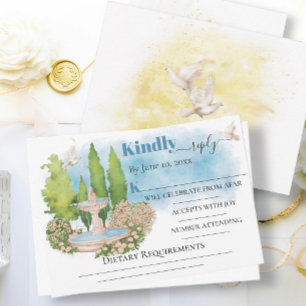 Cartão Fonte elegante flores árvores pombas Casamento RSV