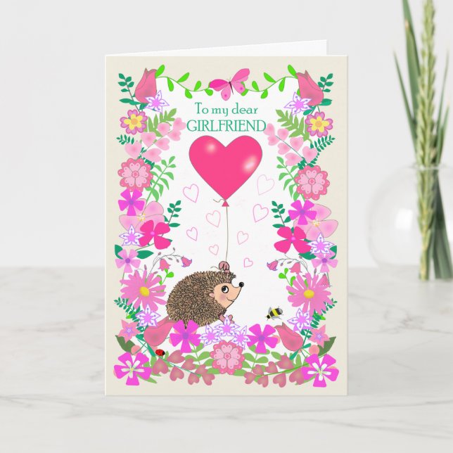Cartão For Girlfriend Valentine with a Cute Hedgehog (Frente)